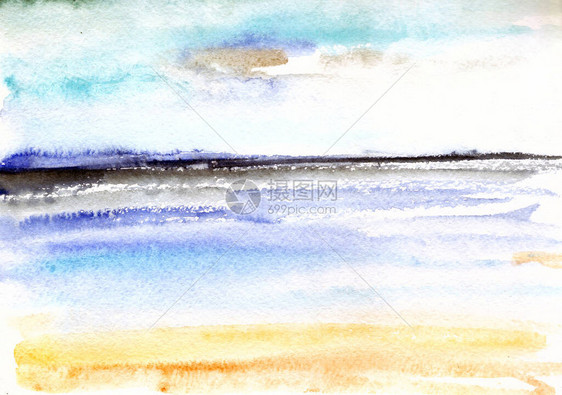 水彩抽象风景海岸黄沙蓝天碧海图片