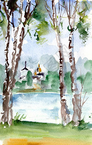 远岸白桦树湖泊和东正教堂的水彩风景图片