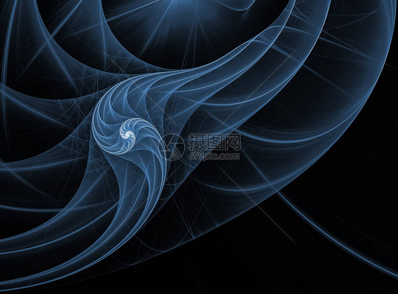 在黑色背景上是一个蓝色的螺旋光线离开她螺旋形看起来像有触手的水母由计算机生成的图片