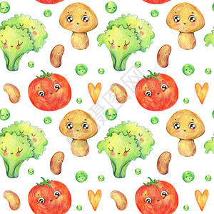 手绘卡哇伊蔬菜图案可爱的食物插图上白色孤立卡通香菇番茄沙拉叶豌豆子图片