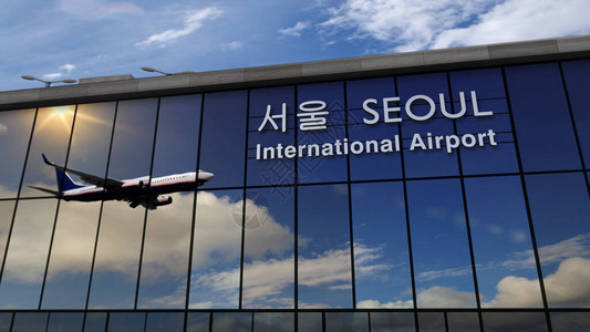 喷气式飞机降落在韩国首尔3D渲染插图带着玻璃机场航站楼和飞机的倒影抵达城市旅行商务旅图片