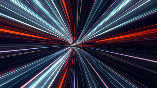 彩色发光激光器在黑色背景上形成速度隧道无缝环形动画动态图形背景光速霓虹灯发光图片