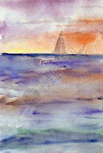 水彩多色抽象纹理海与日落时的游艇图片