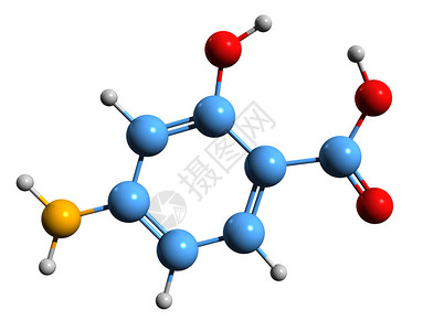 4氨基水杨酸骨架式的3D图像在白色背景下分离的PAS的图片