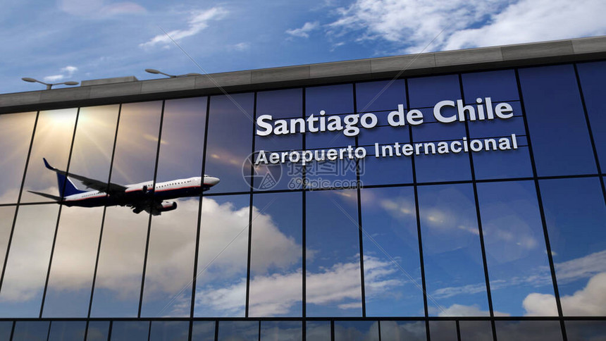 喷气式飞机降落在智利圣地亚哥3D渲染插图带着玻璃机场航站楼和飞机的倒影抵达城市旅行商务旅图片
