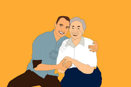 与祖母和她成年孙子站在一起的长大孙子概念图老人或老年护理志愿者与图片
