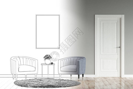 主题酒店海报有两把扶手椅一张咖啡桌墙上的照片瓷砖地板上的地毯和一扇门背景