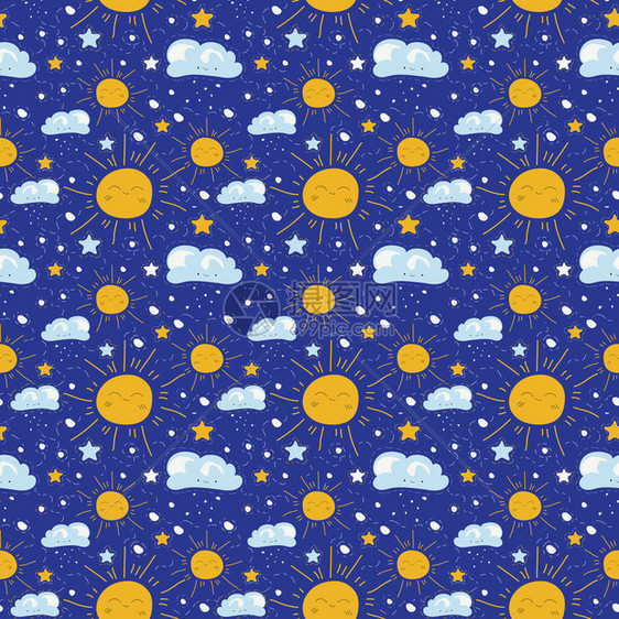 与太阳云彩和星的无缝模式蓝色背景上孤立的可爱涂鸦插图斯堪的纳维亚风格印刷纺织图片
