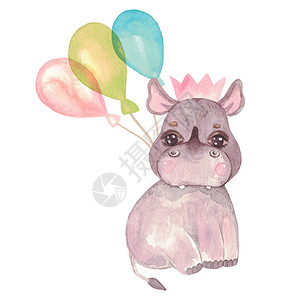 可爱的小犀牛的水彩插图皇冠弓气球中的节日用于邀请卡婴儿送礼会托儿所墙壁艺图片