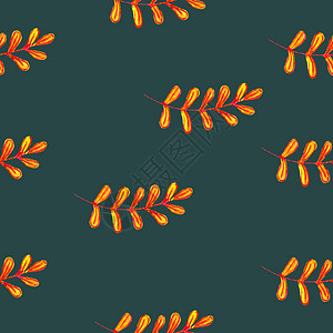 手绘秋橙叶热带雨林生态花卉装饰品无缝模式时尚服饰深绿色背景用于剪贴簿明信片壁纸纺图片