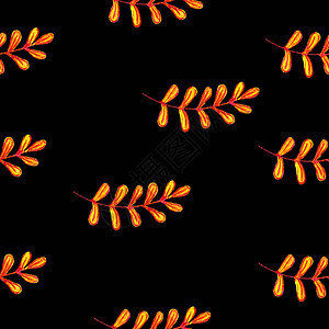 手绘秋叶热带花卉天然花卉装饰品无缝模式金色的森林橙色和黑色背景用于剪贴簿明信片壁纸纺图片