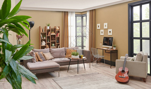 棕色客厅灰色沙发木质书图片