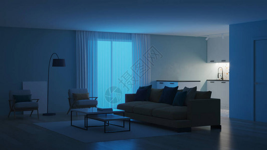 现代卧室内部有蓝色的墙壁和黄色的沙发新孟菲斯风格的内饰夜晚上照明图片