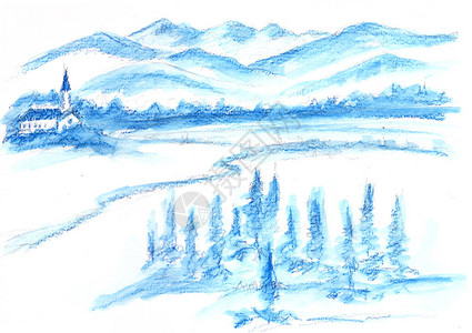 用铅笔绘制的浅蓝色调冬季风景图片