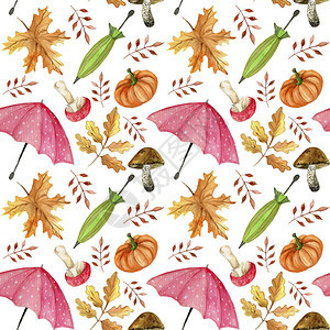 秋叶南瓜蘑菇雨伞的水彩无缝图案图片