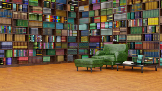 3D插图大书架插入一个优雅的客厅木制家具和照明创图片