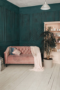 用斯堪的纳维亚风格的深绿色颜设计有粉红色沙发和坐图片