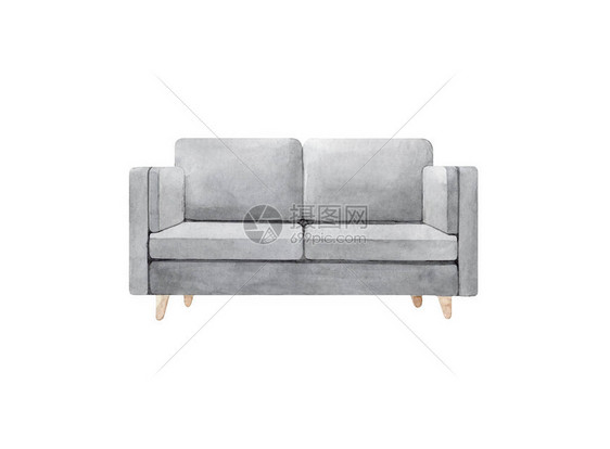 现代灰色简约沙发的手绘水彩插图舒适的家居装饰品白色背景图片