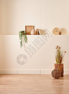 装饰墙木制物品花瓶植物和书的风格背景图片