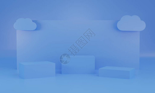 蓝色背景和悬浮的扁平云形带有复制空间的抽象3D渲染图片