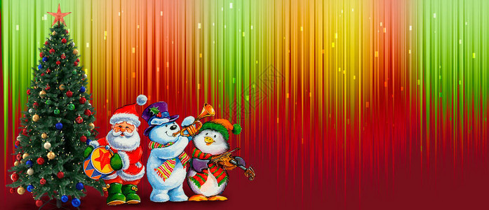 美丽的圣诞贺卡与圣诞树圣诞老人和雪人演奏乐器明亮的彩虹背景与火图片