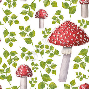 水彩redcap飞木耳和绿叶的无缝图案手绘叶子和有毒蘑菇的质地图片