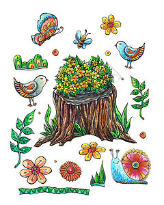 堆满鲜花放上树桩和花朵水彩画手图片
