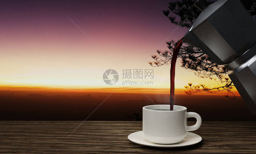 白杯黑咖啡和莫卡咖啡壶图片