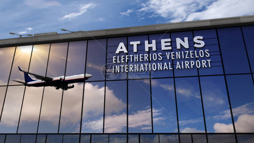 喷气式飞机降落在希腊雅典3D渲染插图带着玻璃机场航站楼和飞机的倒影抵达城市旅行商务旅图片