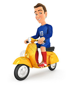 3D足球运动员蓝色球衣骑摩托车用孤立的图片