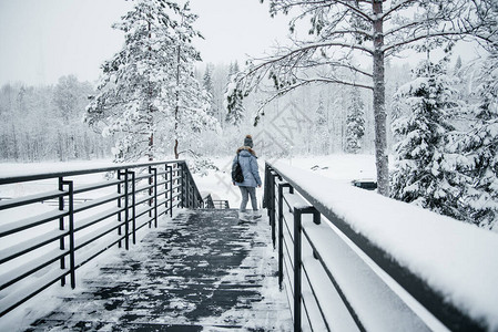 身穿蓝衣背负着背包的年轻女子在楼梯上走过森林KareliaDriftssurelyspiringfla背景图片