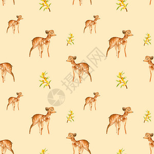 森林鹿和黄沙棘的水彩无缝图案适用于纺织品设计明信片印刷和标志设图片