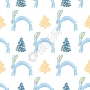 无缝模式有趣的冬兔子和圣诞树手画图片