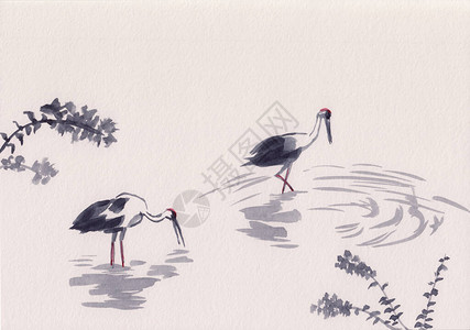 水墨风格的河流中鹳鸟水彩画纸上原创的极简主义艺术品与鸟水的东方风景平静的冥想背景宁静祥图片