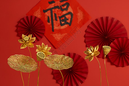 中国红bnanner新年金色荷花装饰背景
