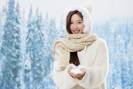雪,美女冬日的女性双手捧雪花背景