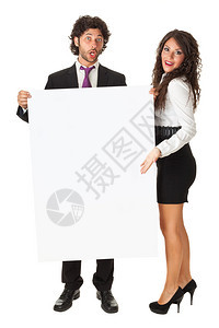 一个优雅的生意情侣拿着空白板背景图片
