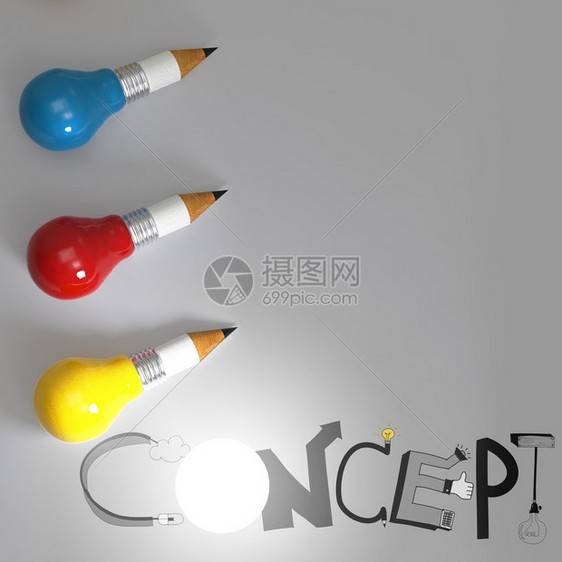 铅笔灯泡3d和设计词CONCEPT作为概念图片