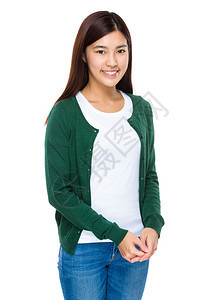 穿绿色毛衣的亚洲年轻美女图片