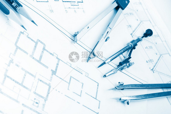 建筑项目蓝图蓝图卷和分隔罗盘卡尺计划中的折叠尺工程具从顶部查看复制空图片