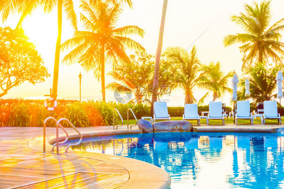 在旅馆度假胜地配有木头椰子棕榈树的游泳池周围美丽的豪华户外雨伞和椅子图片