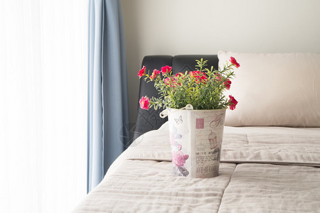 在古老花盆上用红色普通尔斯铺的床和卧室窗户图片