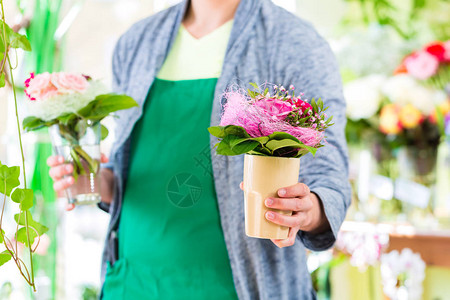 年轻英俊的花匠在商店图片