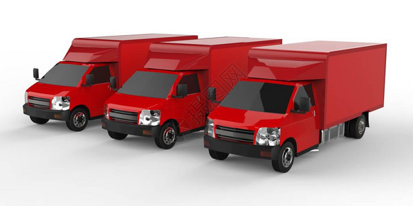 三辆小红色小卡车汽车交货服务向零售商店提供货物和产图片