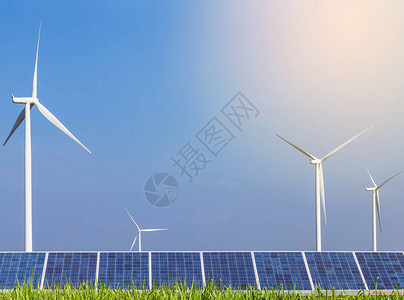 电站发电的太阳能电池和风力涡轮机图片