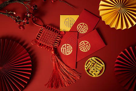 中国风烫金新年中国结与烫金红包背景