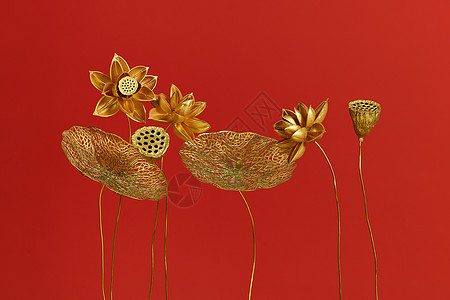 传统中国新年金色荷花装饰图片