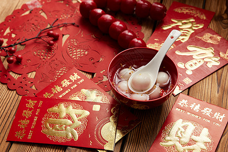 红包传统美食桂花枸杞汤圆背景