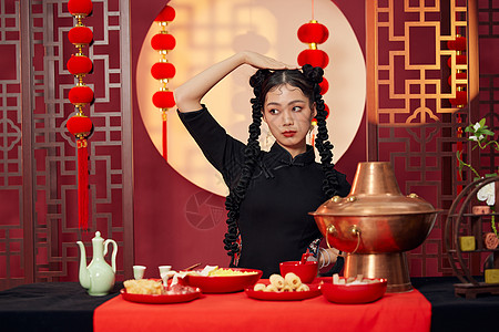 中国风花雕潮流国风火锅美女形象背景