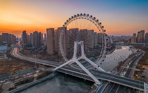 夕阳下的天津三岔河口和天津眼图片